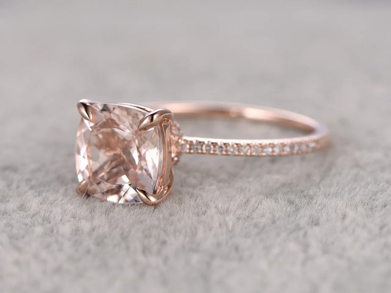 8mm Cushion Morganite Engagement Ring Diamond Wedding Ring 14k Rose Gold Claw Prongs Curved Basket Under