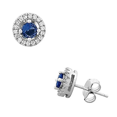 925 Sterling Silver Round Light Blue Aqamarine-Tone White CZ Stud Earrings