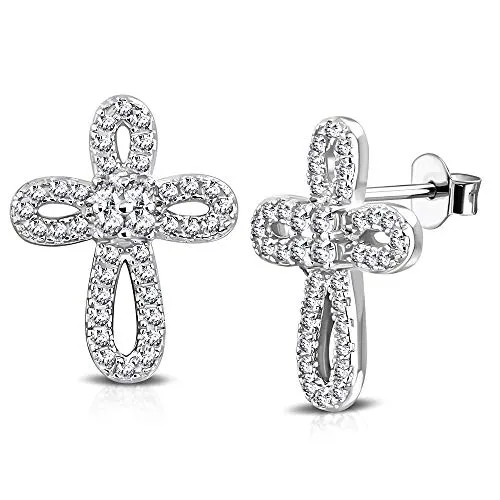925 Sterling Silver Yellow Gold-Tone White Clear CZ Religious Cross Stud Earrings, 0.60"