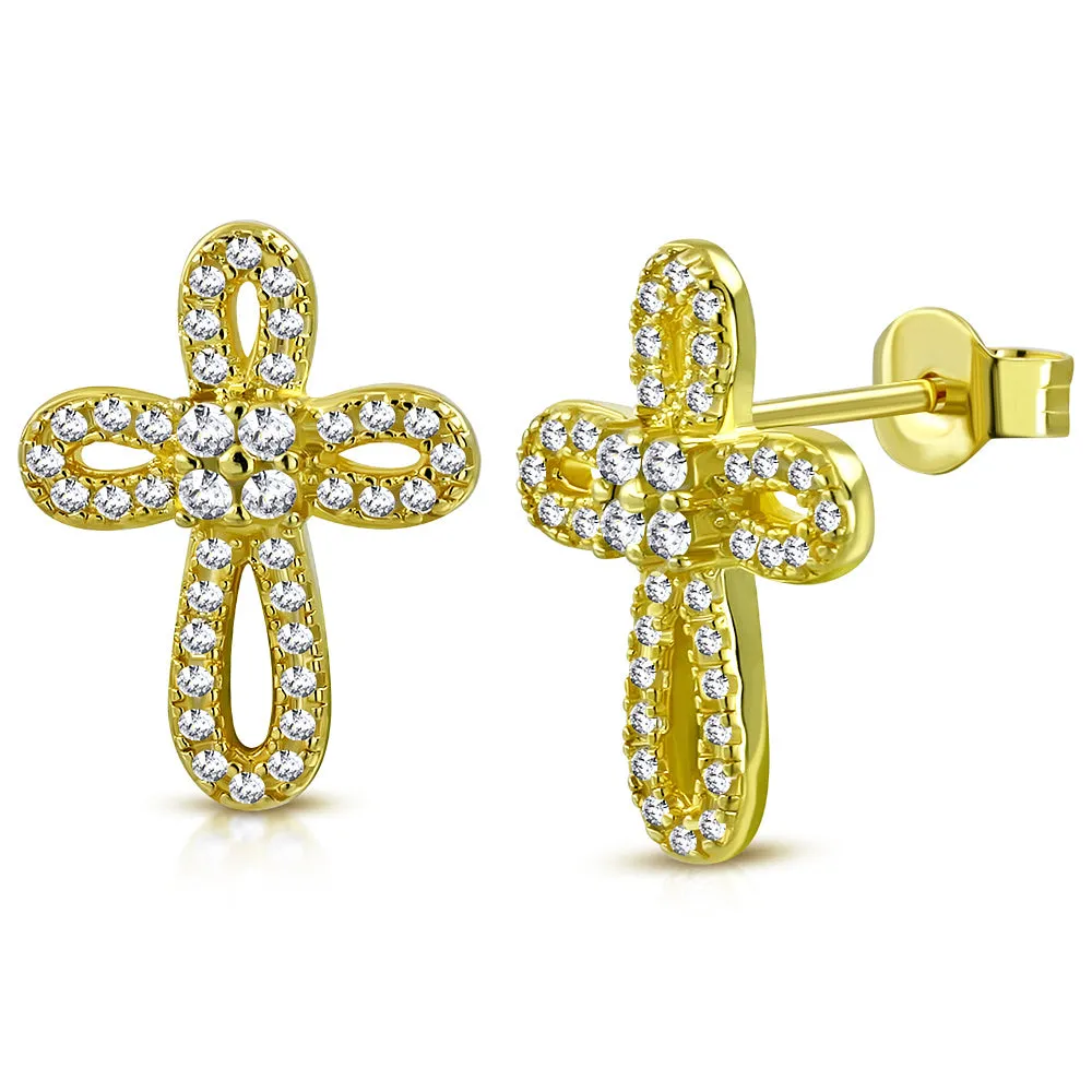 925 Sterling Silver Yellow Gold-Tone White Clear CZ Religious Cross Stud Earrings, 0.60"