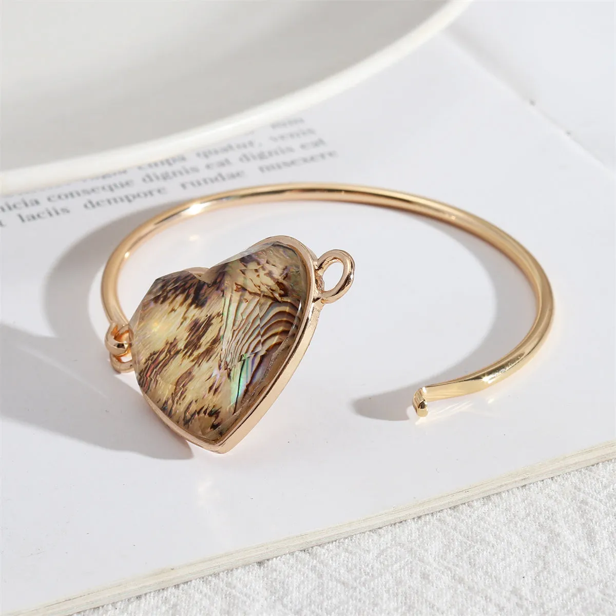 Abalone Shell & Resin 18K Gold-Plated Heart Charm Bangle