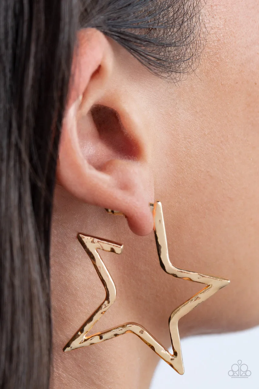 All-Star Attitude - Gold - Hammered Star Patriotic Americana Paparazzi Hoop Earrings