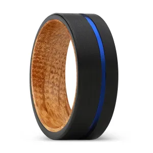 ALPHA | Whiskey Barrel Wood, Black Tungsten Ring, Blue Offset Groove, Flat