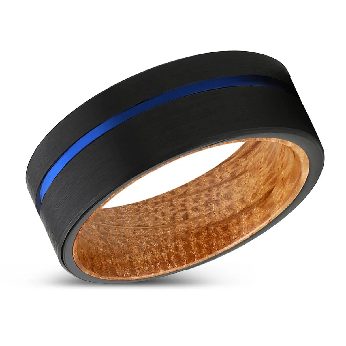ALPHA | Whiskey Barrel Wood, Black Tungsten Ring, Blue Offset Groove, Flat