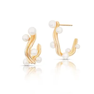Alternating Wave Pearl Hoops Small