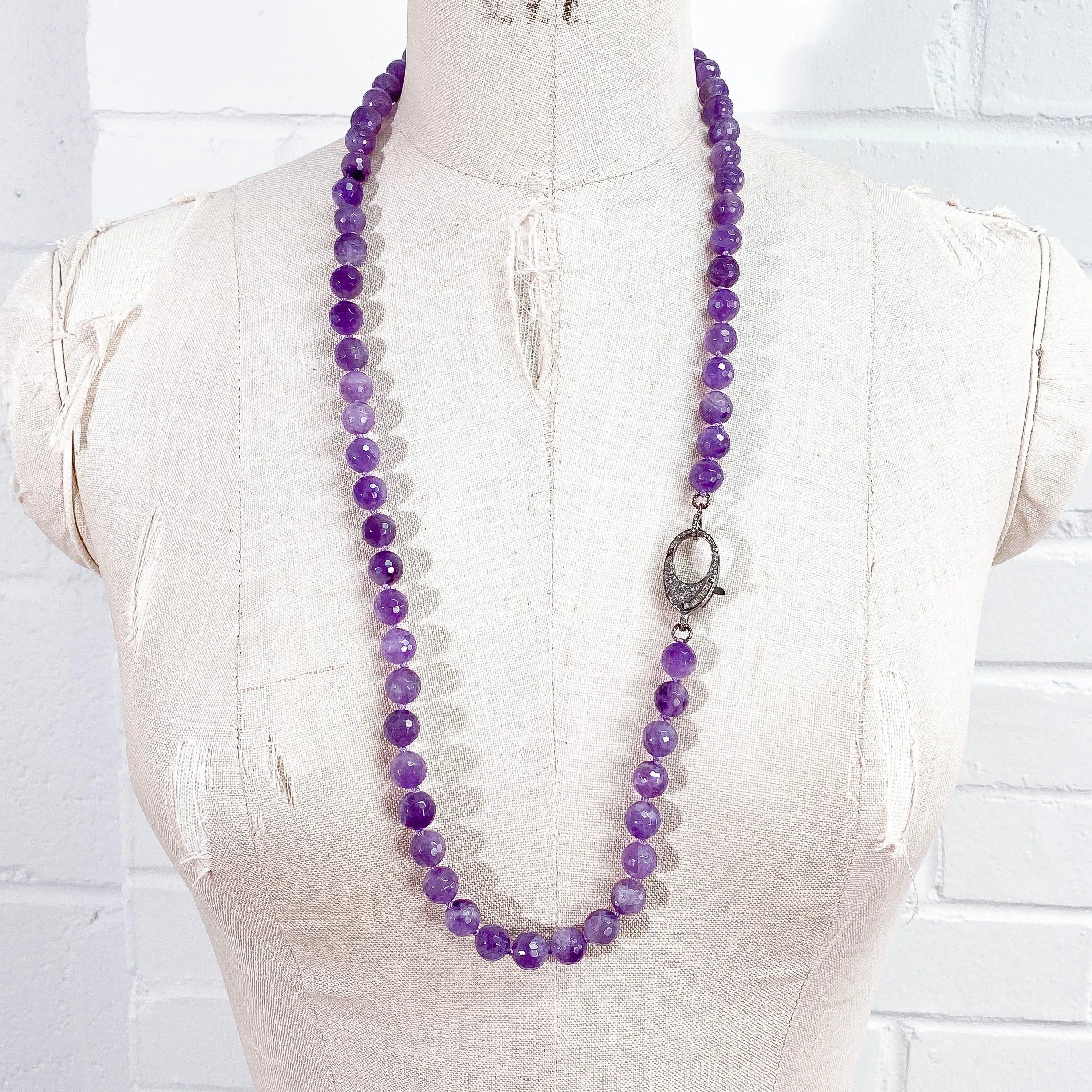 Amethyst & Pavé Baguette Diamond Clasp Hand-Knotted Necklace