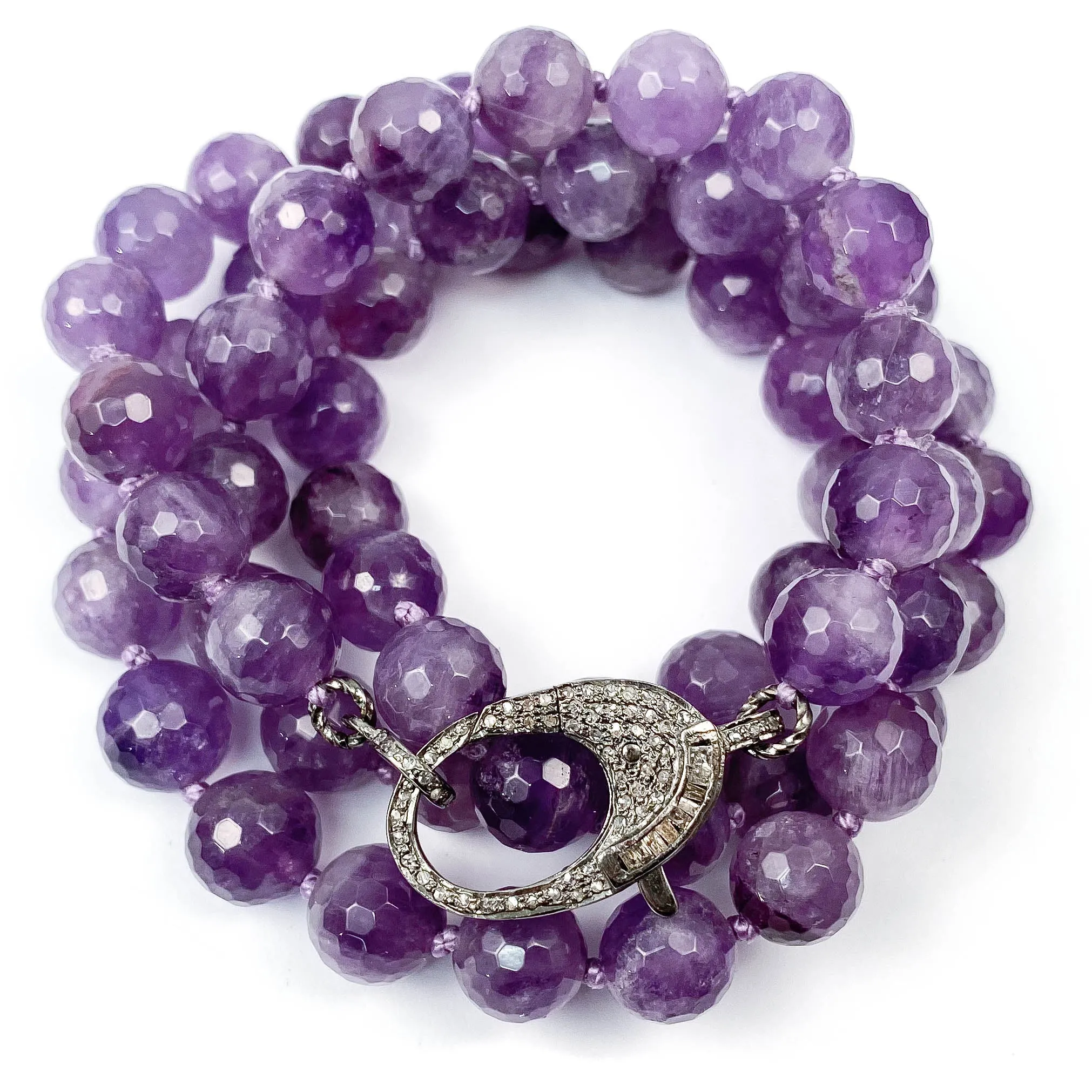 Amethyst & Pavé Baguette Diamond Clasp Hand-Knotted Necklace