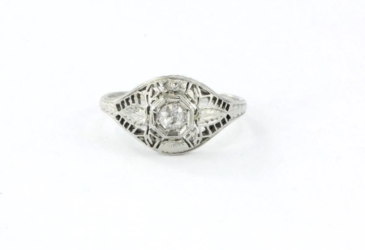 Antique Art Deco 20K White Gold & Old Mine Diamond Engagement Ring