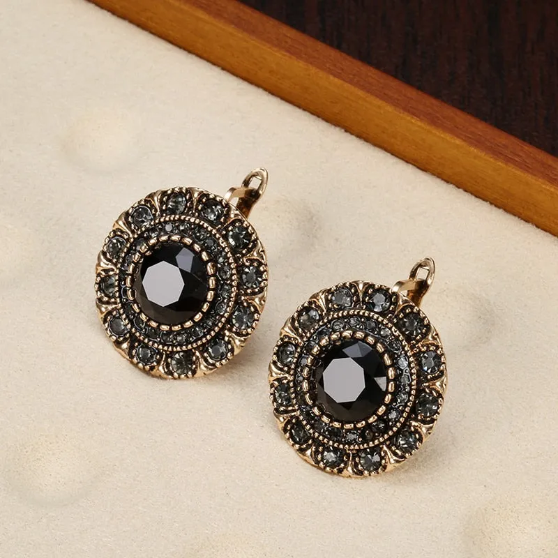 Antique Gold Black Zircone Stud Earrings For Women Wedding Jewelry
