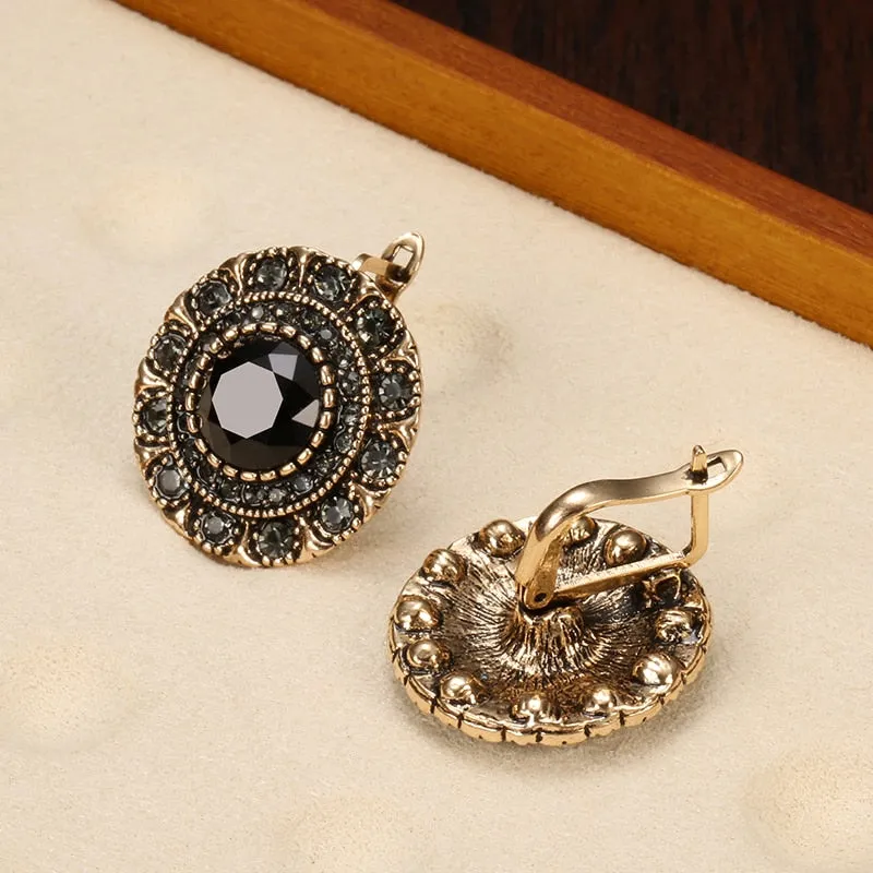 Antique Gold Black Zircone Stud Earrings For Women Wedding Jewelry