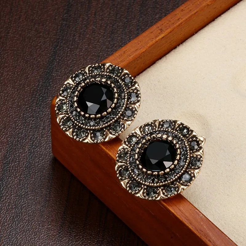 Antique Gold Black Zircone Stud Earrings For Women Wedding Jewelry