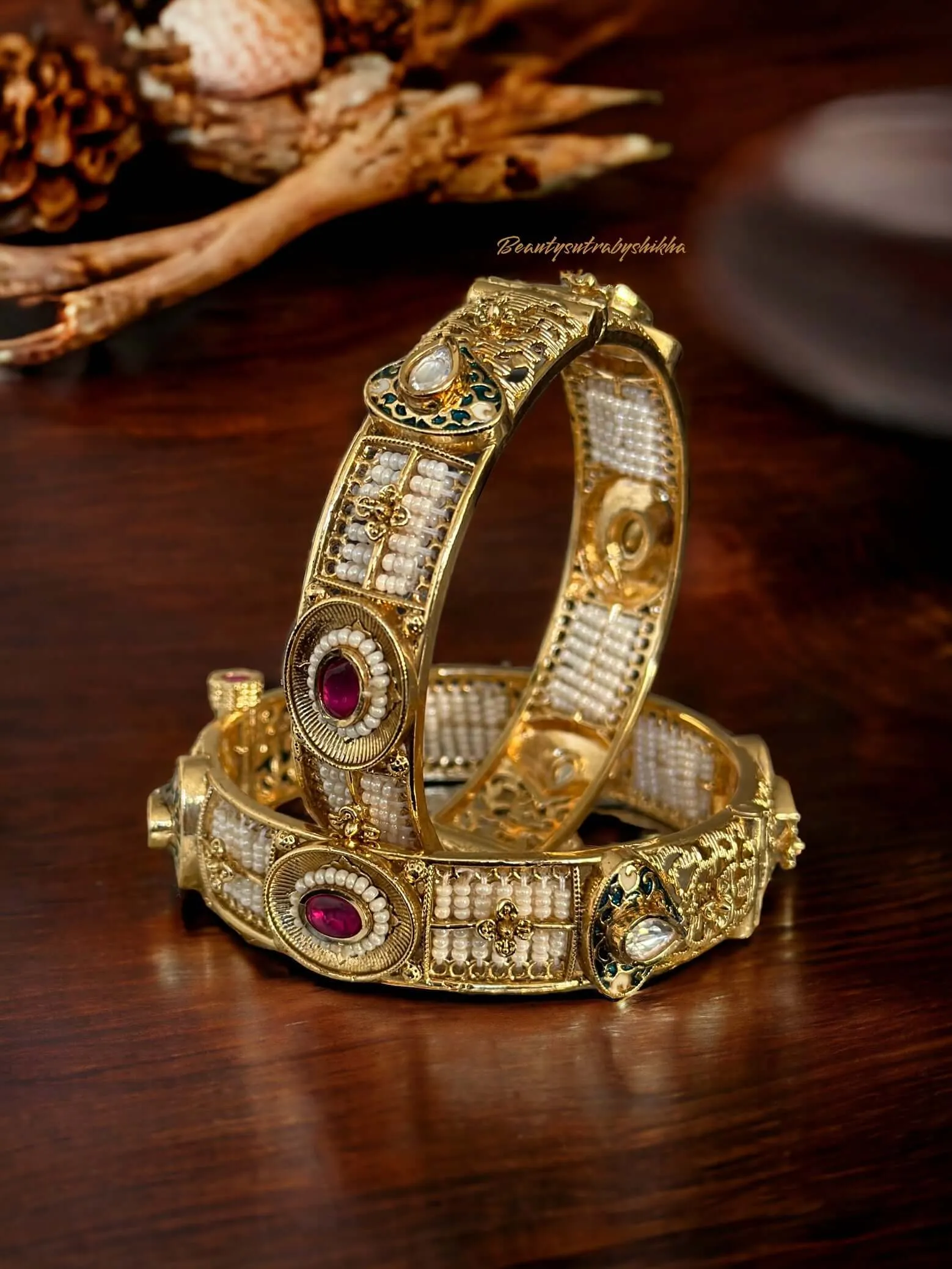 Antique Golden Polki Bangels with Enamel Work