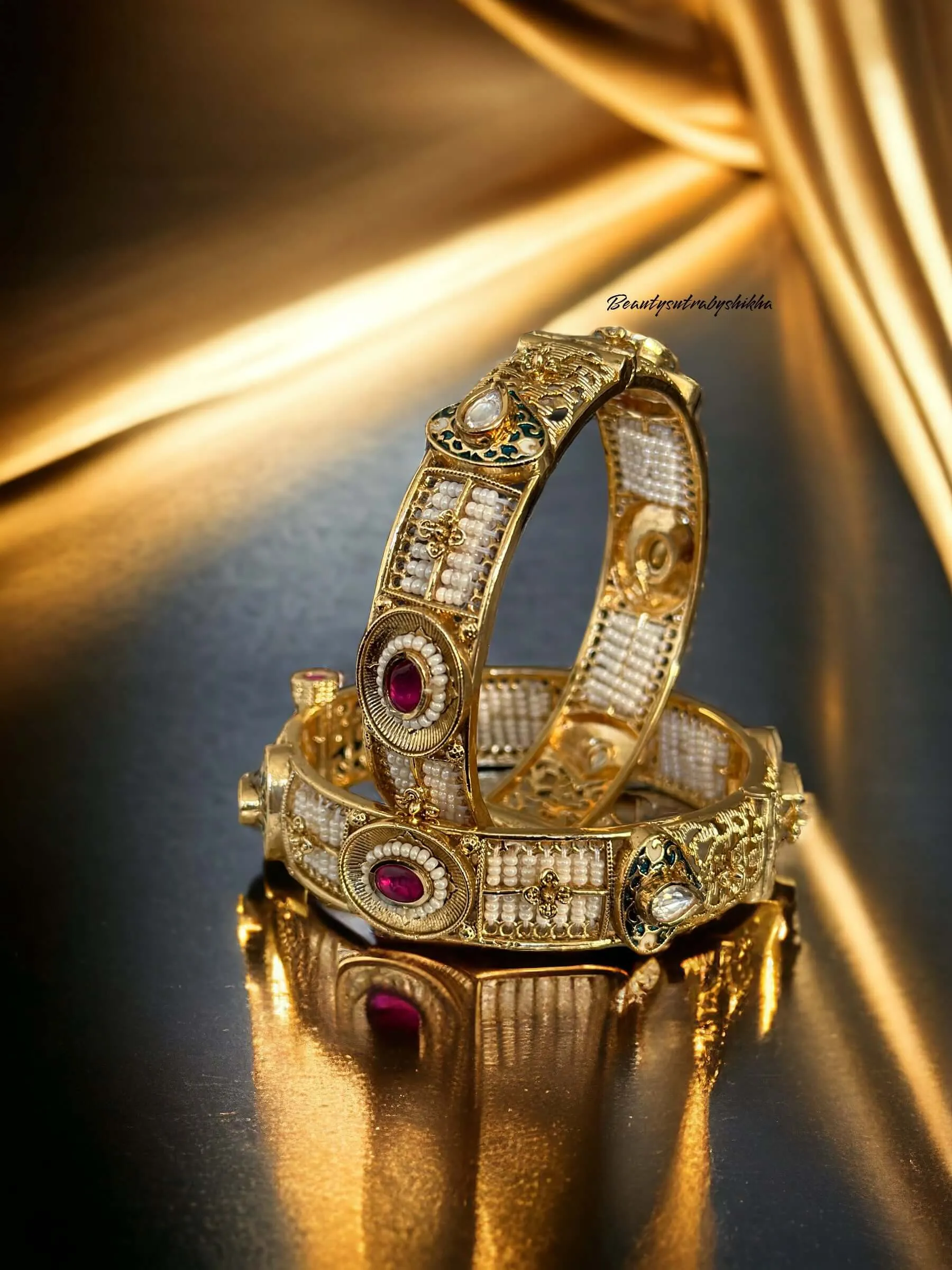 Antique Golden Polki Bangels with Enamel Work