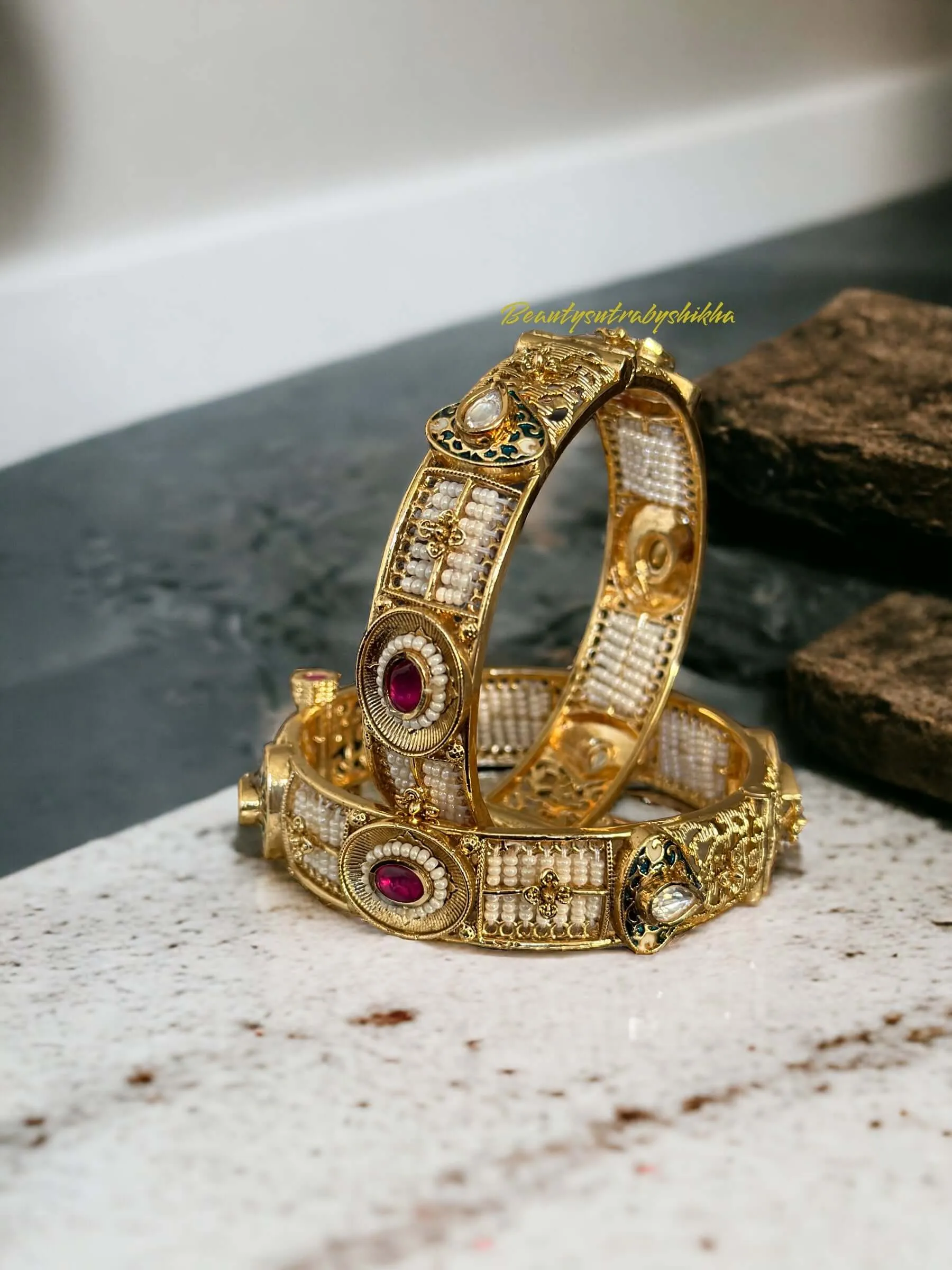 Antique Golden Polki Bangels with Enamel Work
