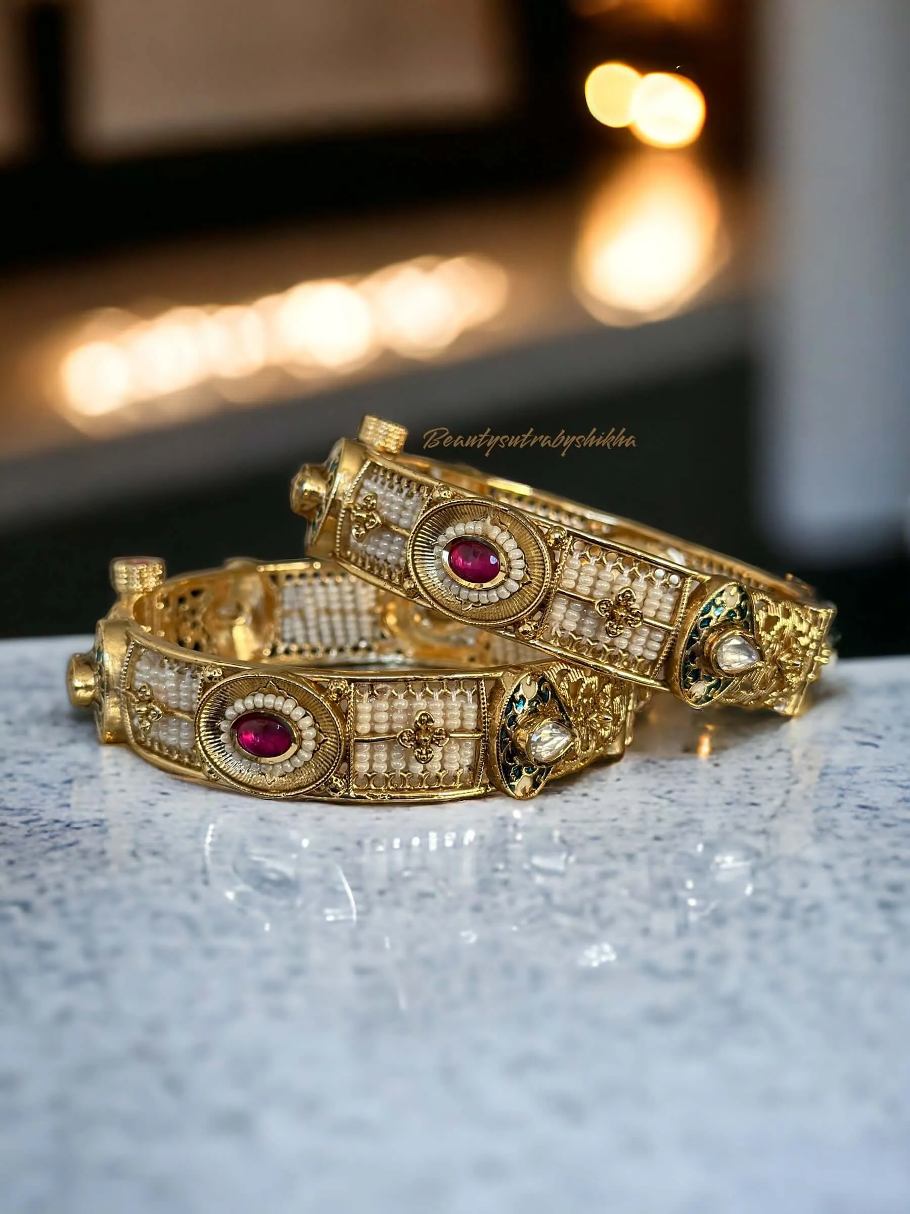 Antique Golden Polki Bangels with Enamel Work