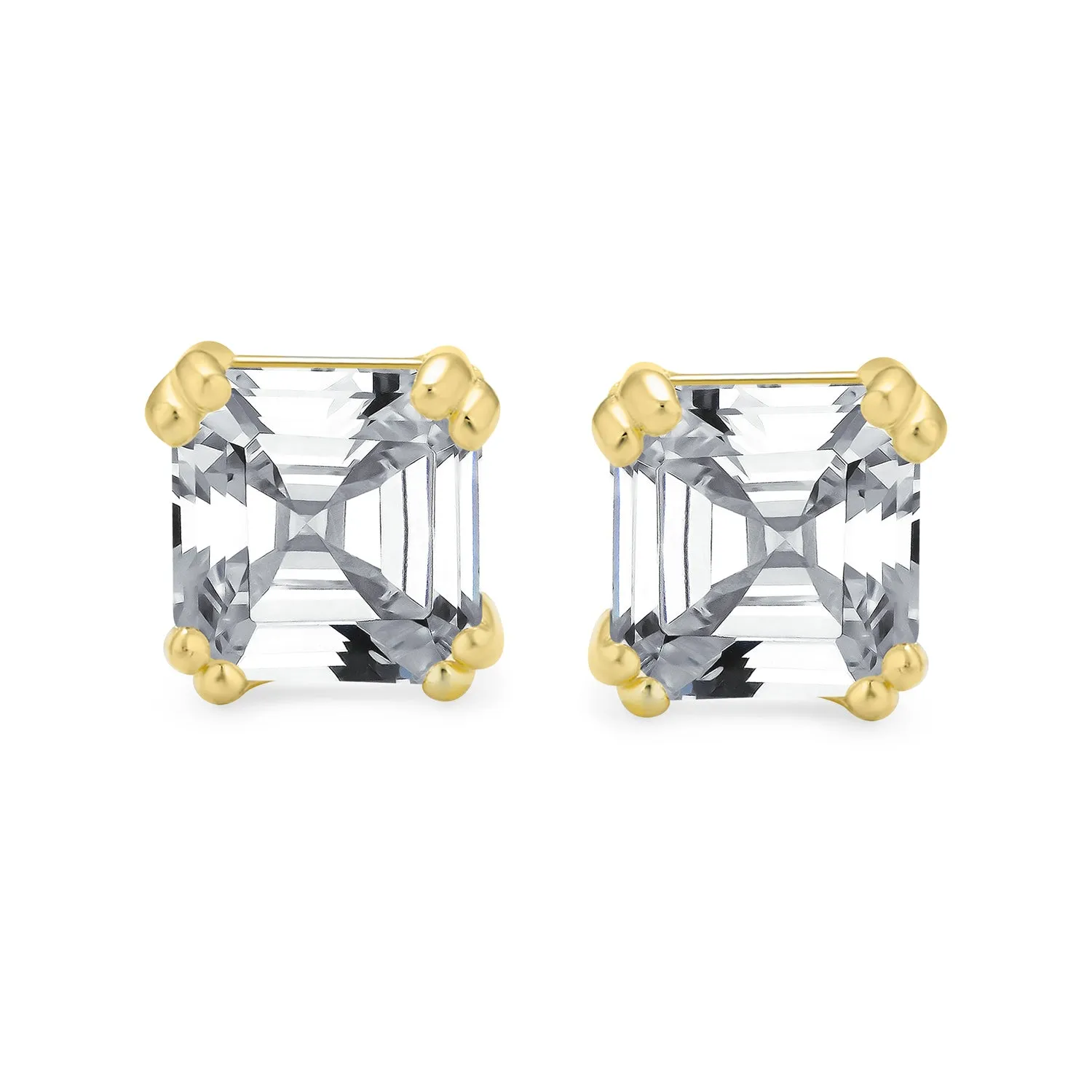 Asscher Cut CZ Stud Earrings in Gold Sterling Silver - Multiple Sizes Available