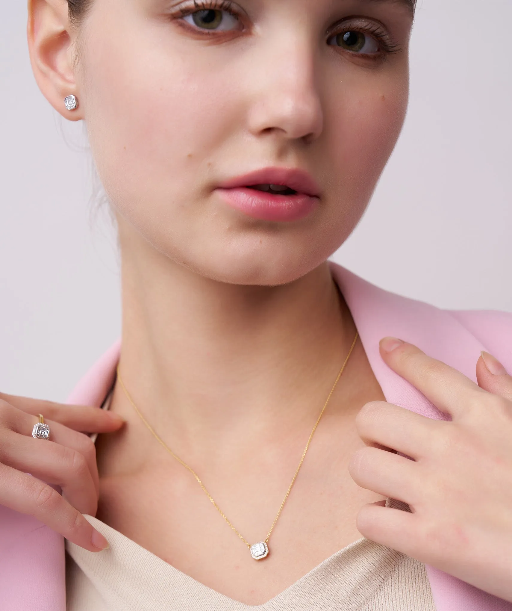 Asscher Cut Halo Necklace