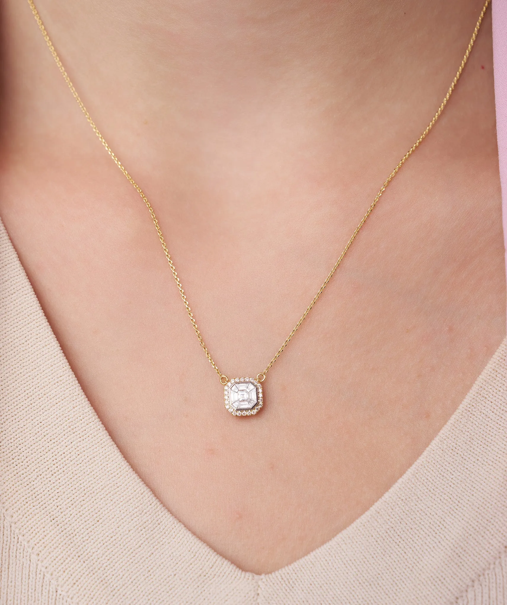 Asscher Cut Halo Necklace