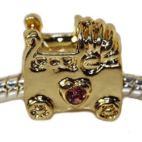 Baby Stroller With  Rhinestone Crystals Charm European Bead Compatible for Most European Snake Chain Bracelet