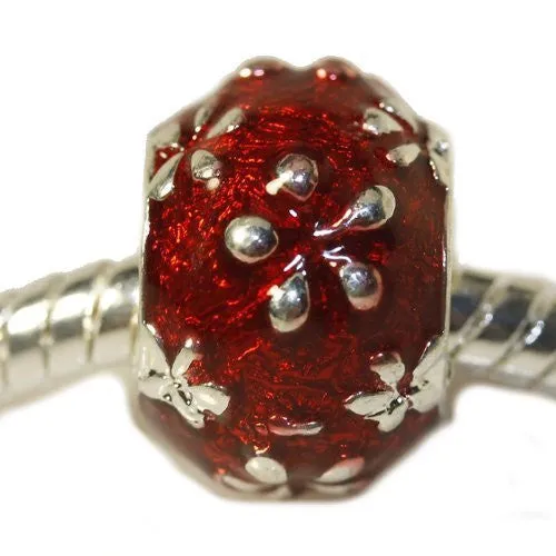 Barrel Charm with Red Enamel Flowers for snake Chain charm Bracelet