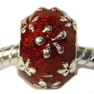 Barrel Charm with Red Enamel Flowers for snake Chain charm Bracelet