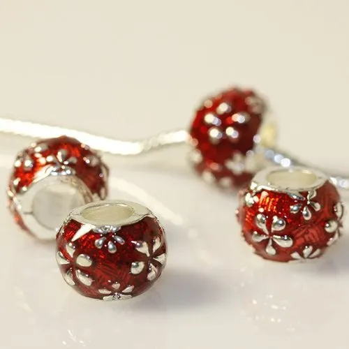Barrel Charm with Red Enamel Flowers for snake Chain charm Bracelet