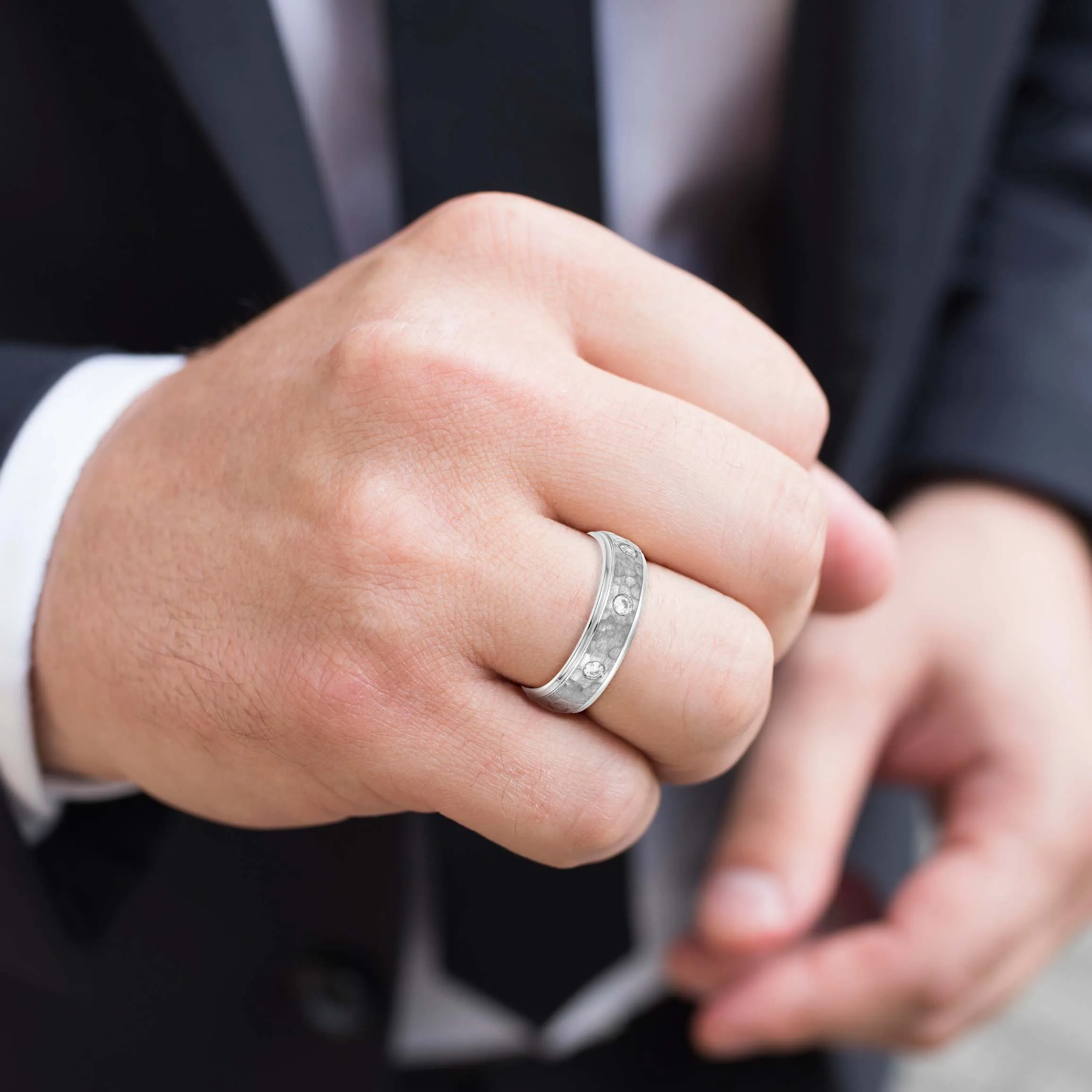 Bezel Set Diamond Hammered Men's Wedding Band