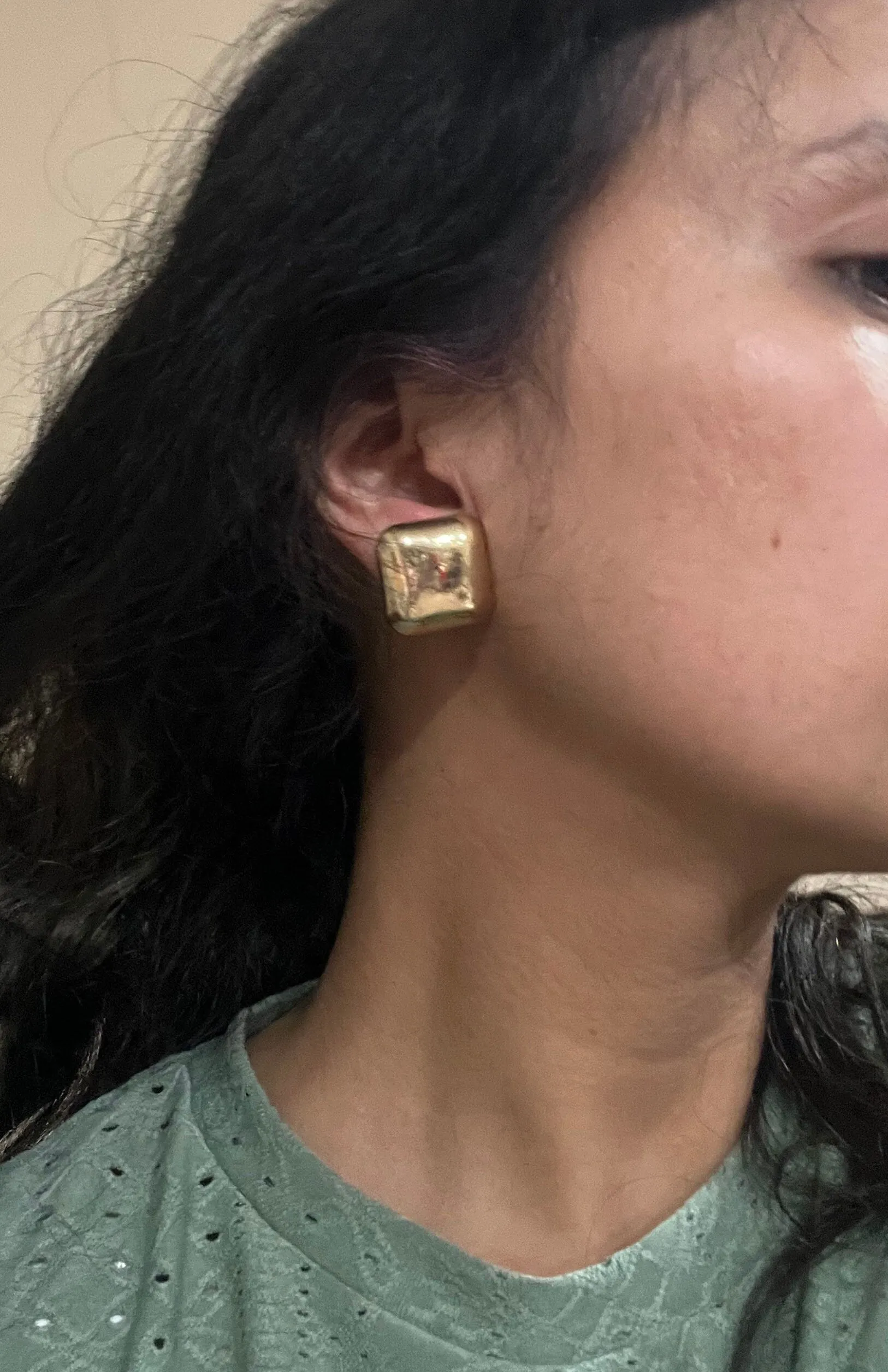 Big gold earrings square  , gold studs metal earring , gold stud earring , retro gold earrings , chunky gold studs big