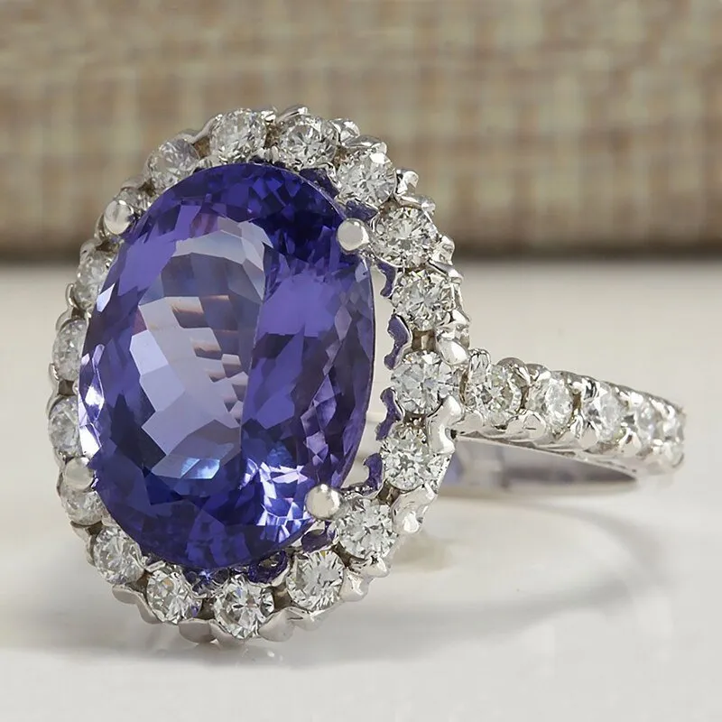 Big Purple Amethyst Gemstone Ring Silver Women Wedding Jewelry