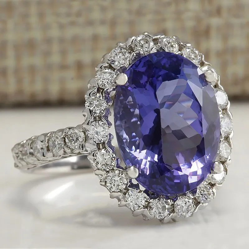 Big Purple Amethyst Gemstone Ring Silver Women Wedding Jewelry