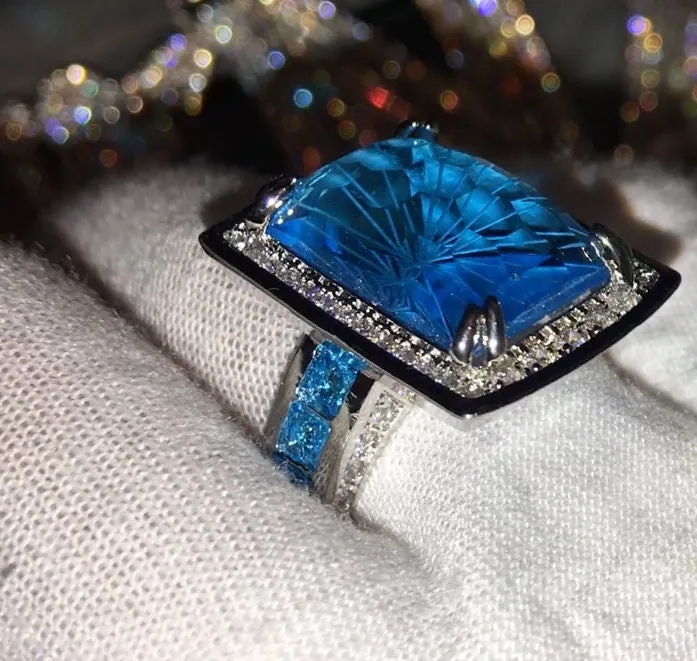 Big Ring | Big Diamond Ring | Womens Statement Ring |  Aquamarine Engagement Ring | Blue Diamond Ring | Blue Tourmaline Ring | Blue Gemstone