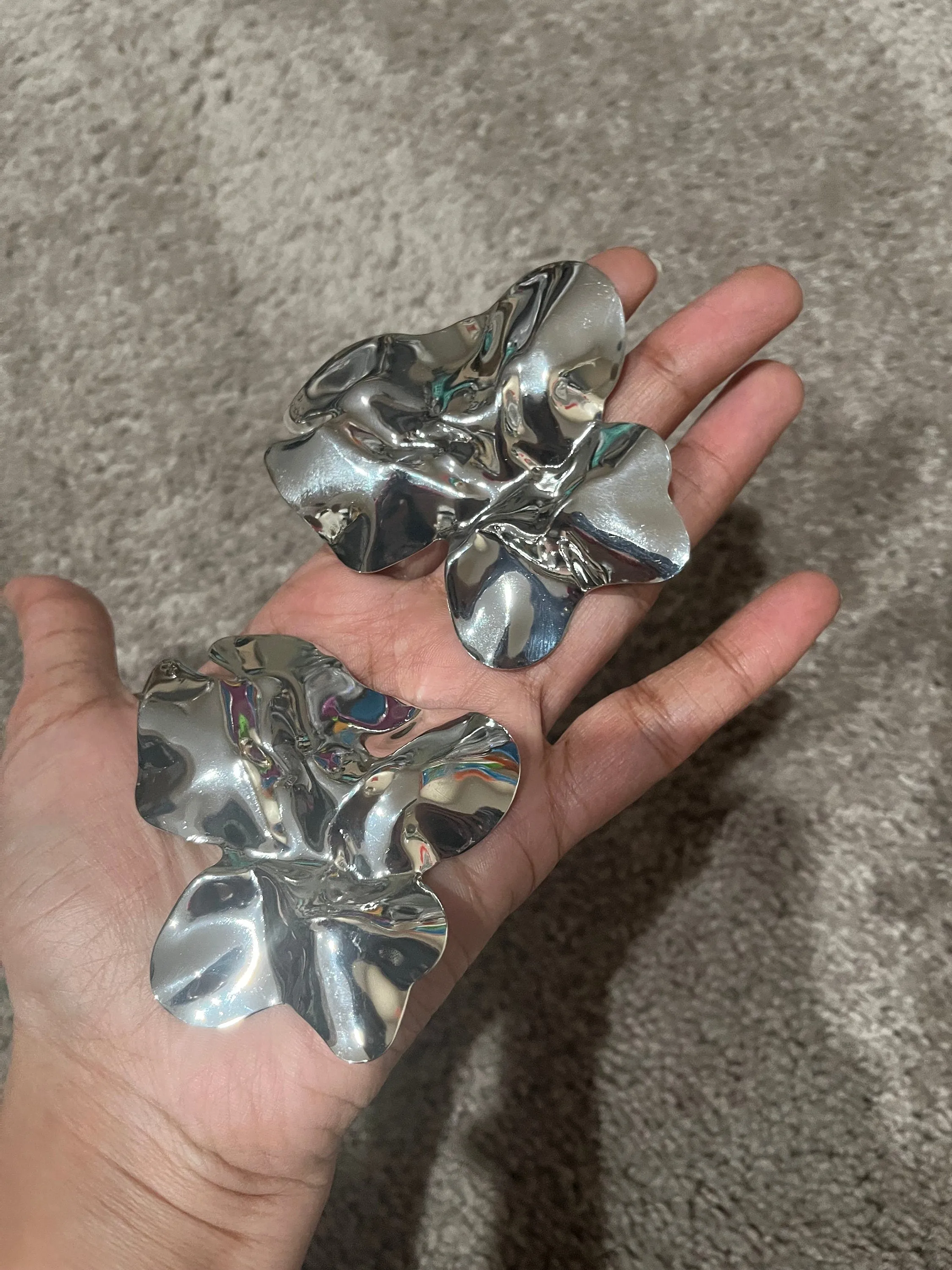 Big Silver stud earrings ,huge  silver  statement bold  studs large , silver abstract petal earrings , chunky metal shiny stud earrings