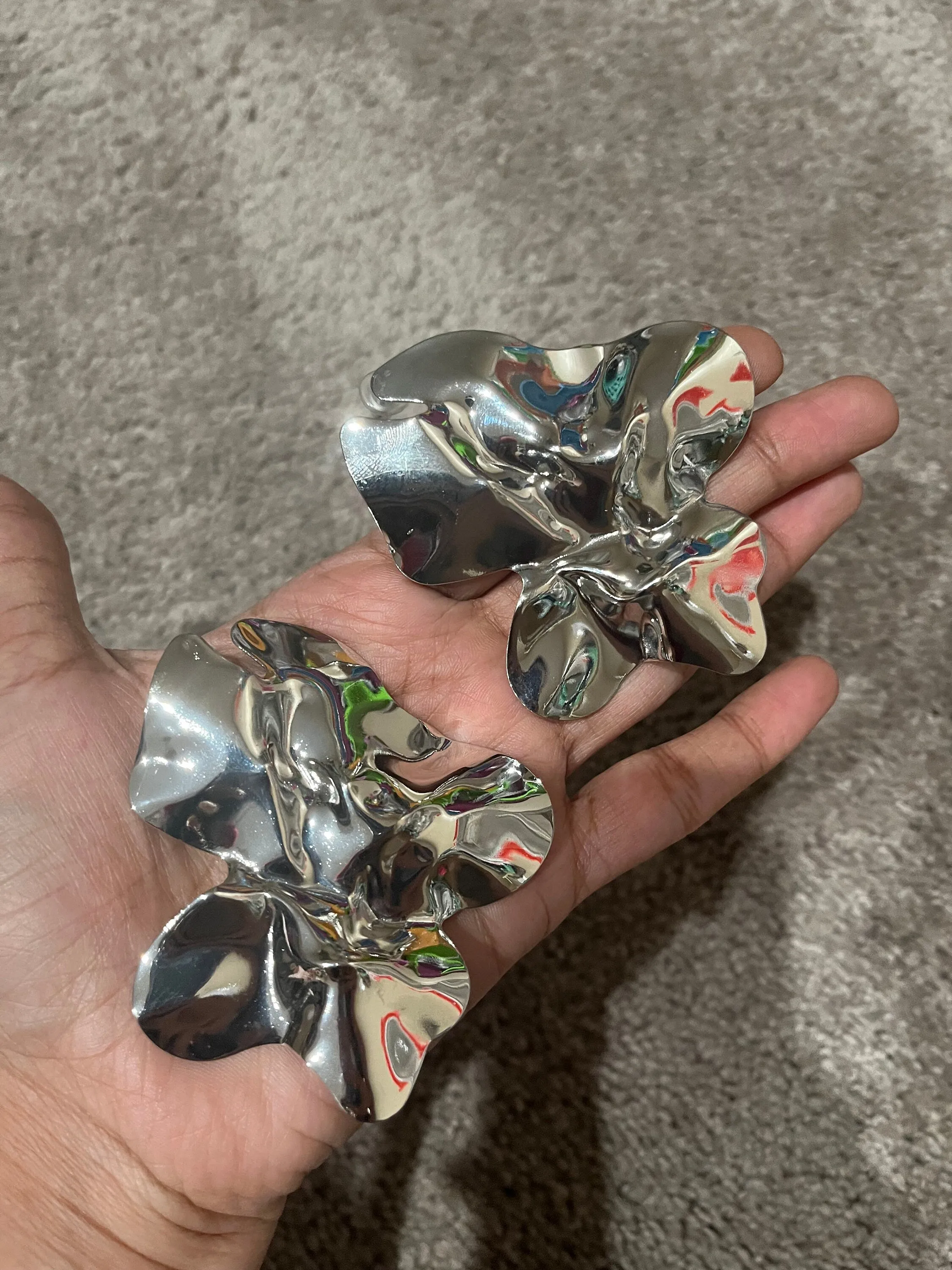 Big Silver stud earrings ,huge  silver  statement bold  studs large , silver abstract petal earrings , chunky metal shiny stud earrings