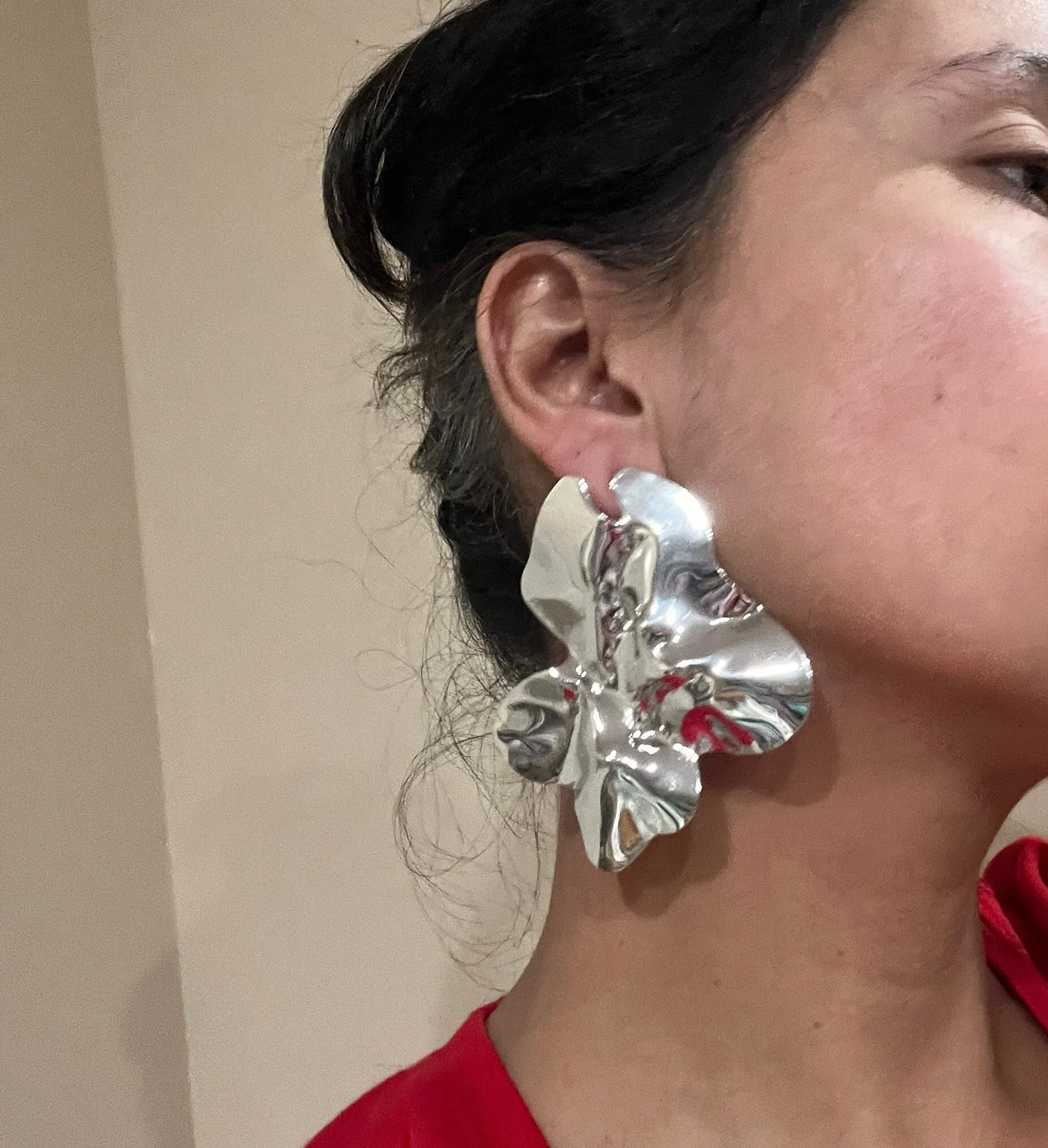 Big Silver stud earrings ,huge  silver  statement bold  studs large , silver abstract petal earrings , chunky metal shiny stud earrings