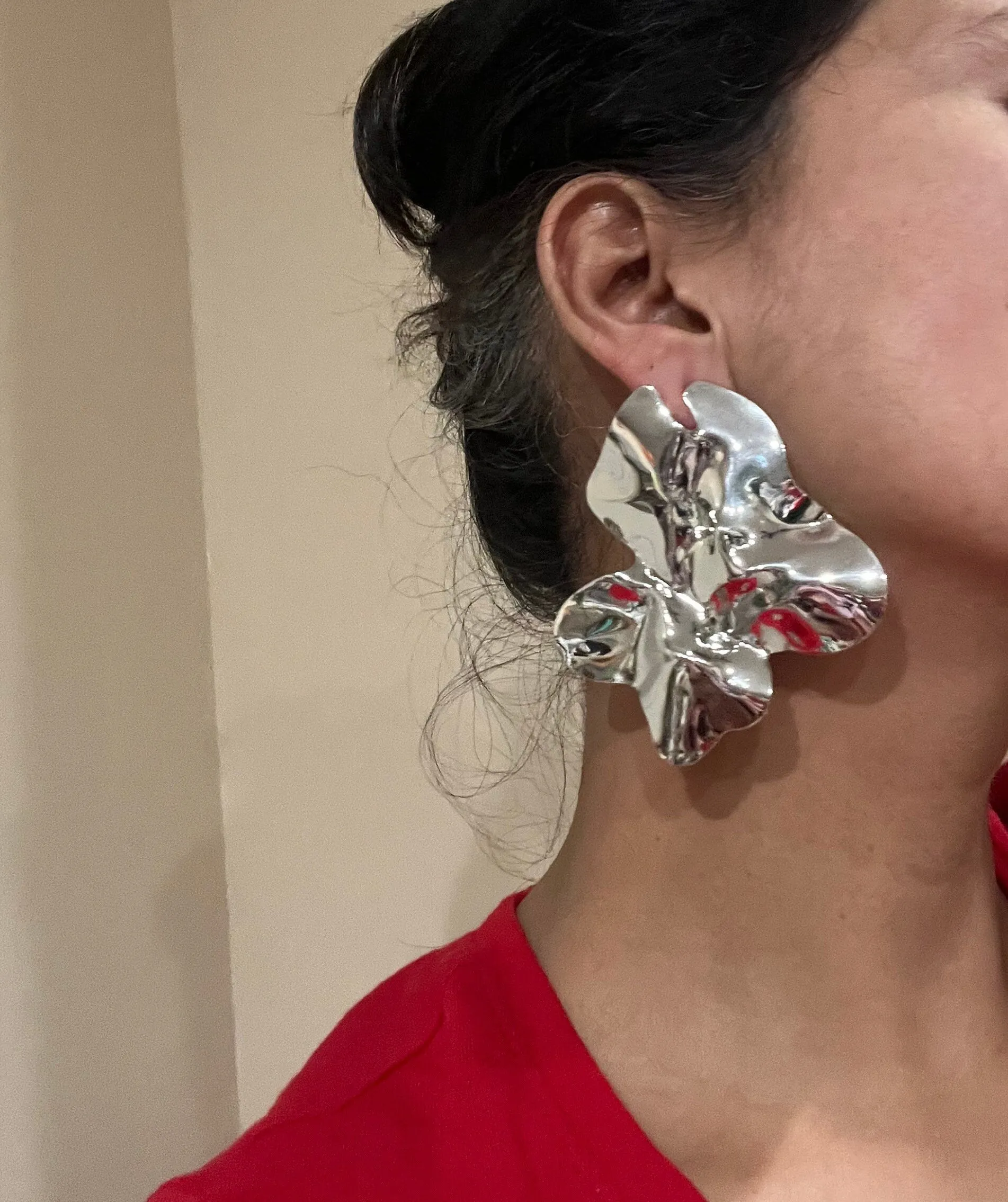 Big Silver stud earrings ,huge  silver  statement bold  studs large , silver abstract petal earrings , chunky metal shiny stud earrings