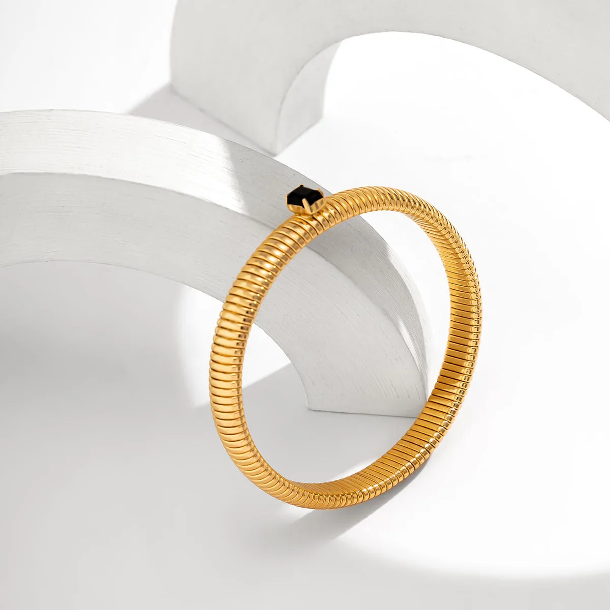 Black Crystal & 18K Gold-Plated Herringbone Bangle