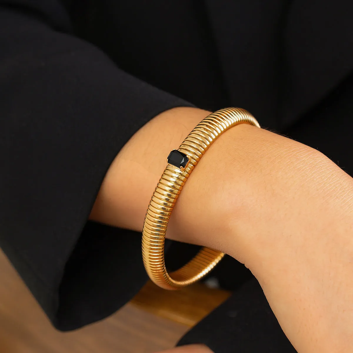Black Crystal & 18K Gold-Plated Herringbone Bangle