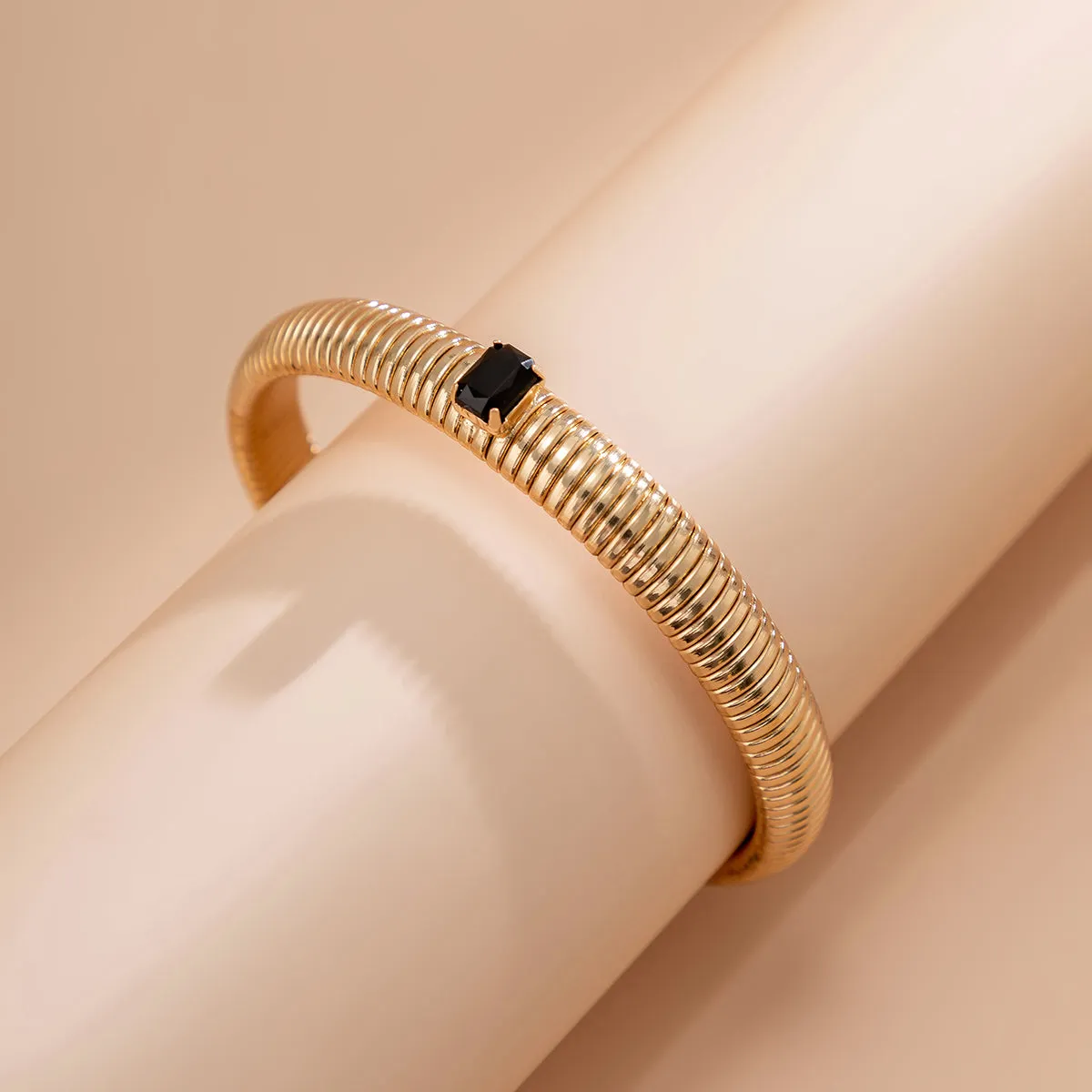 Black Crystal & 18K Gold-Plated Herringbone Bangle