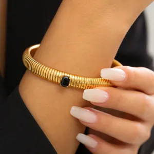 Black Crystal & 18K Gold-Plated Herringbone Bangle