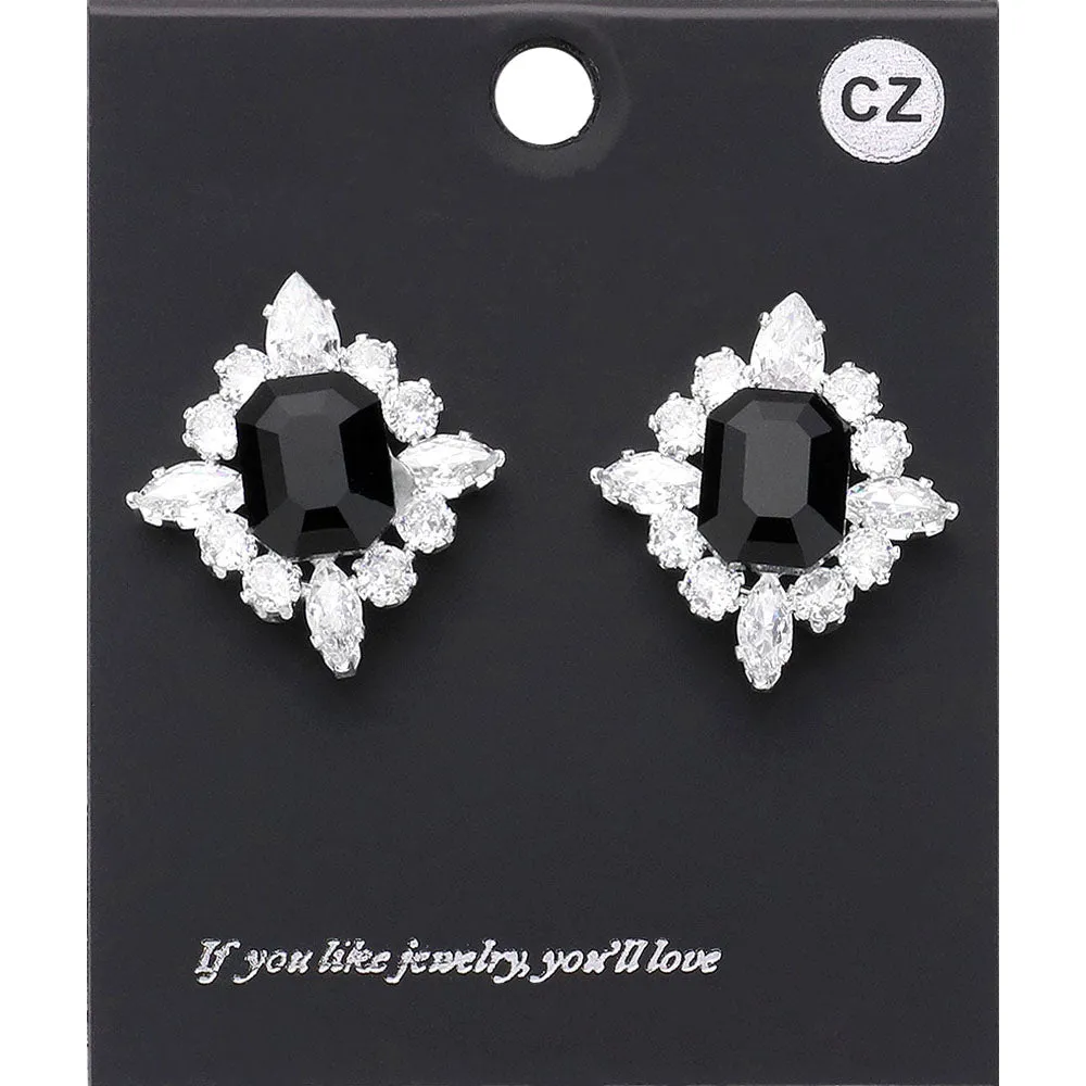 Black CZ Rectangle Stone Surrounded by Clear Stones Stud Earrings | Interview Earrings | 630254