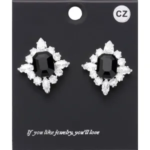 Black CZ Rectangle Stone Surrounded by Clear Stones Stud Earrings | Interview Earrings | 630254
