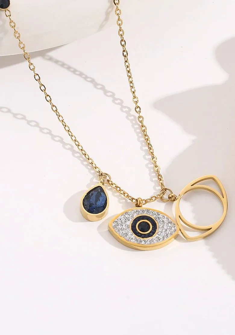 Blue Sapphire Evil Eye Necklace Gold Plated, Waterproof and Anti-Tarnish