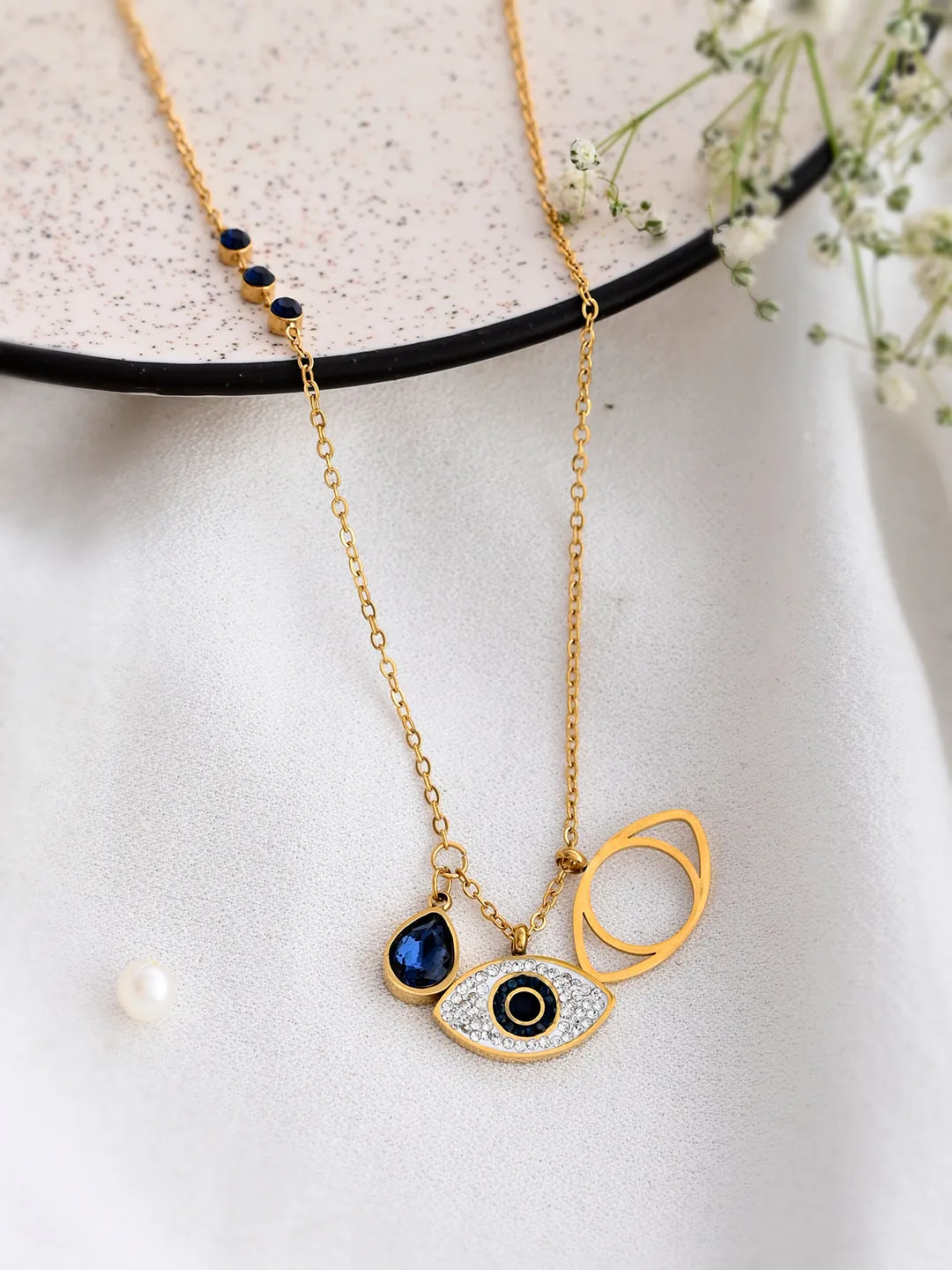 Blue Sapphire Evil Eye Necklace Gold Plated, Waterproof and Anti-Tarnish