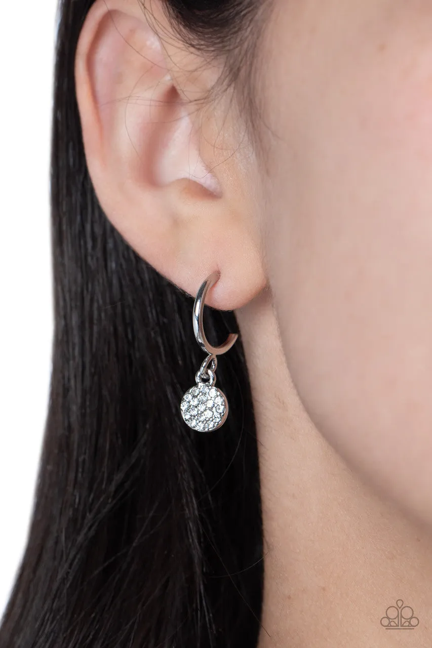 Bodacious Ballroom - White - Rhinestone Drop Hoop Tiny Paparazzi Earrings