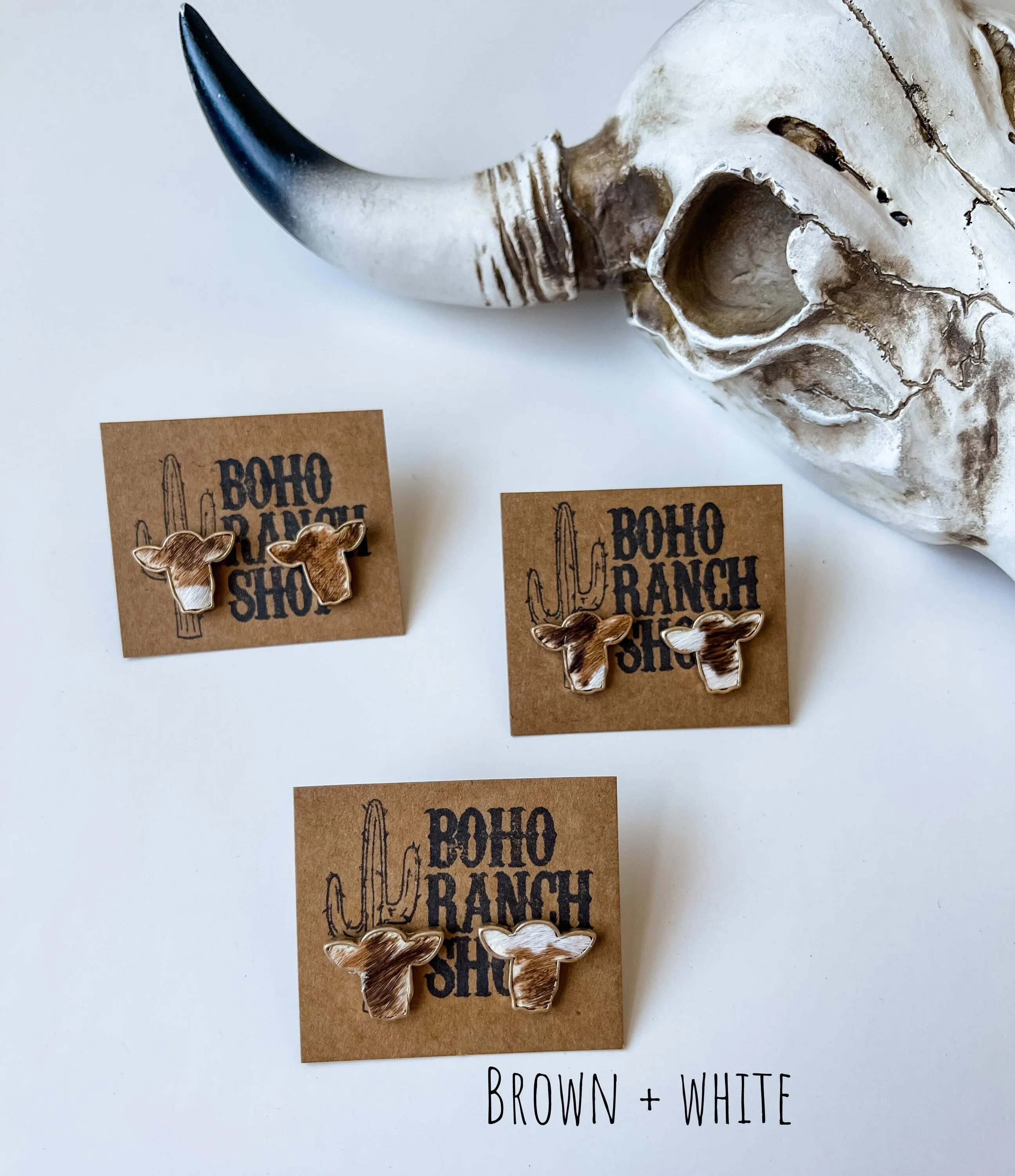 Boho Ranch Shop - Steer Head Cowhead Cowhide Stud Earrings: BLACK   WHITE