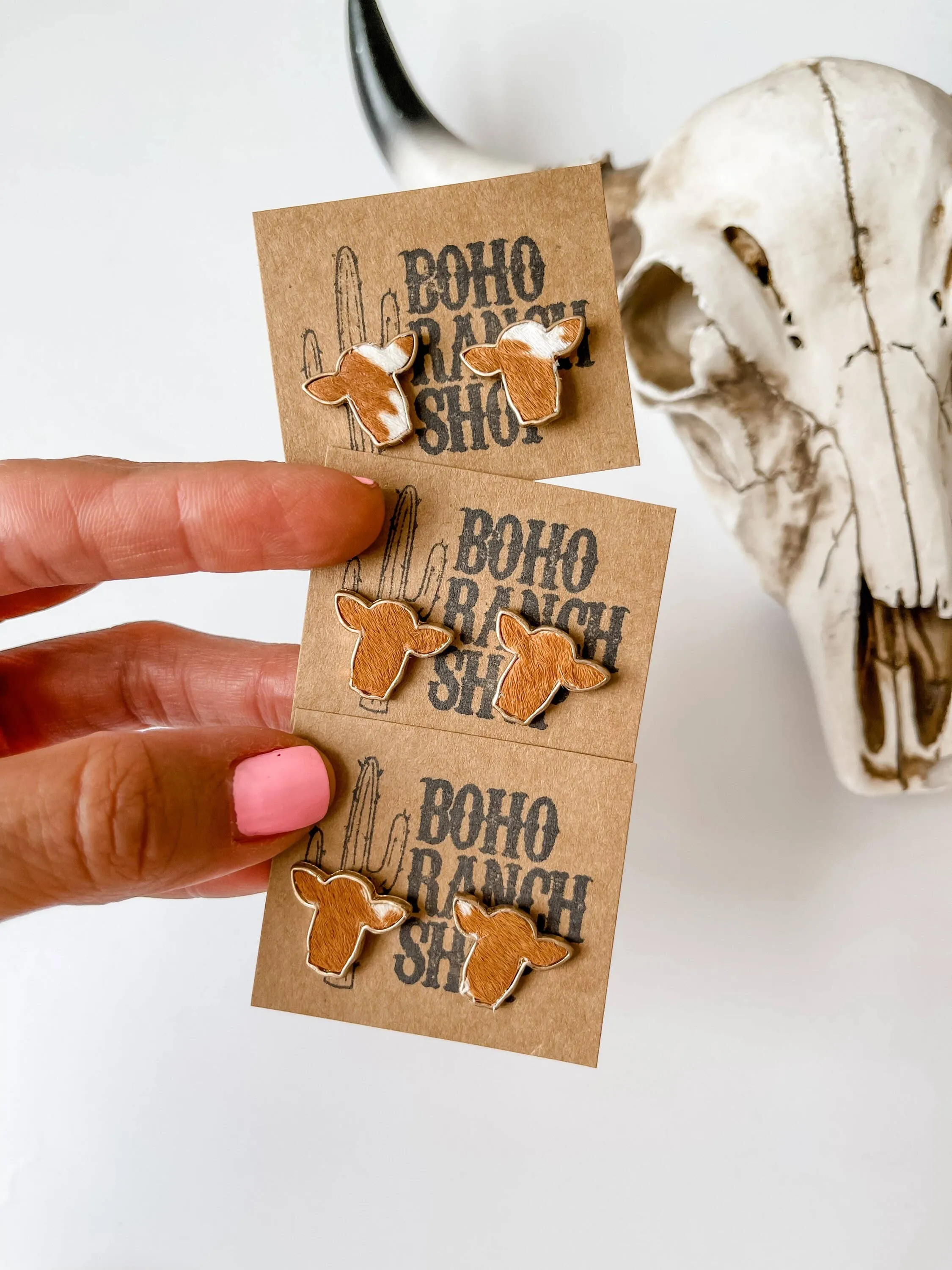 Boho Ranch Shop - Steer Head Cowhead Cowhide Stud Earrings: BLACK   WHITE
