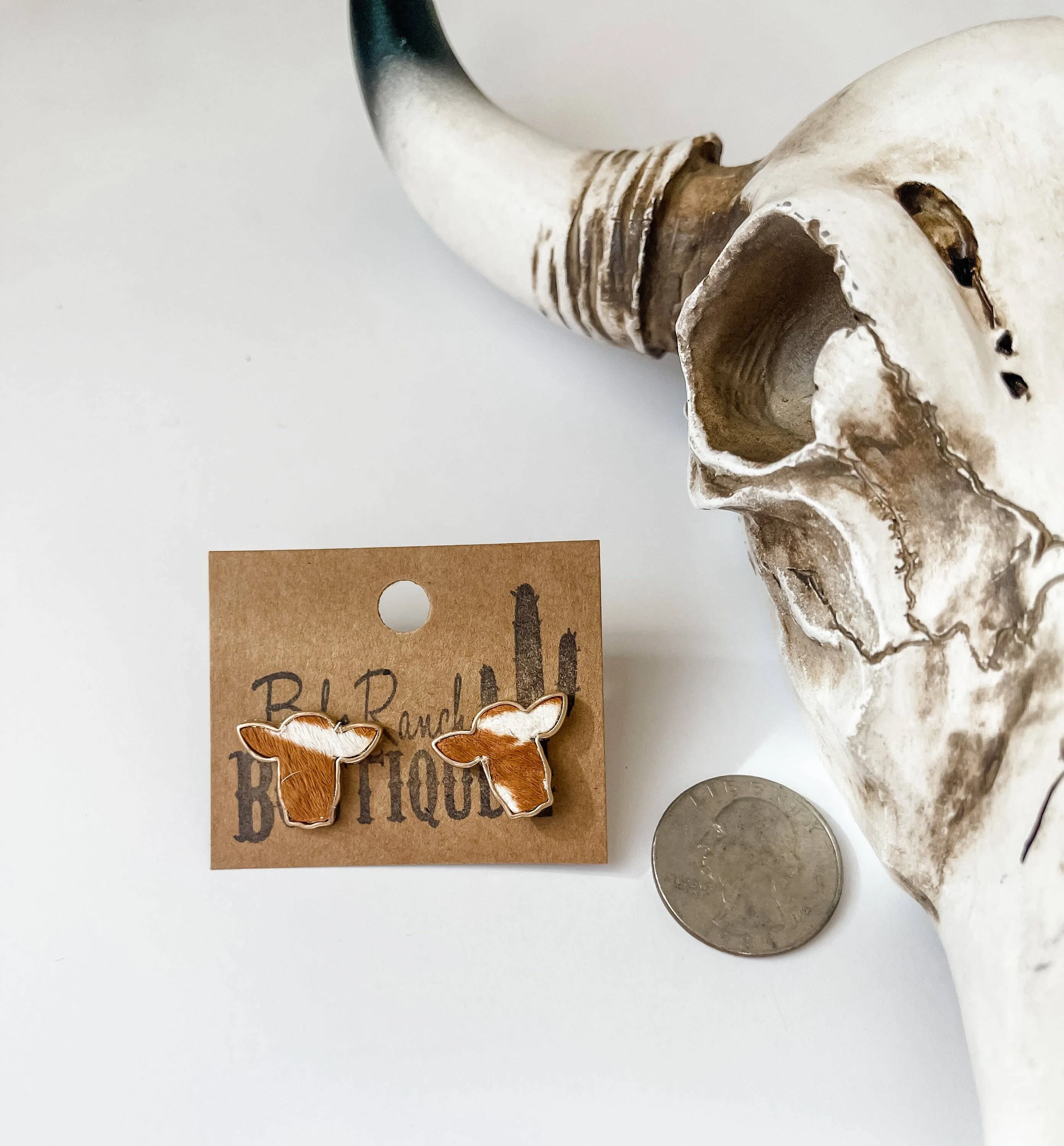 Boho Ranch Shop - Steer Head Cowhead Cowhide Stud Earrings: BLACK   WHITE