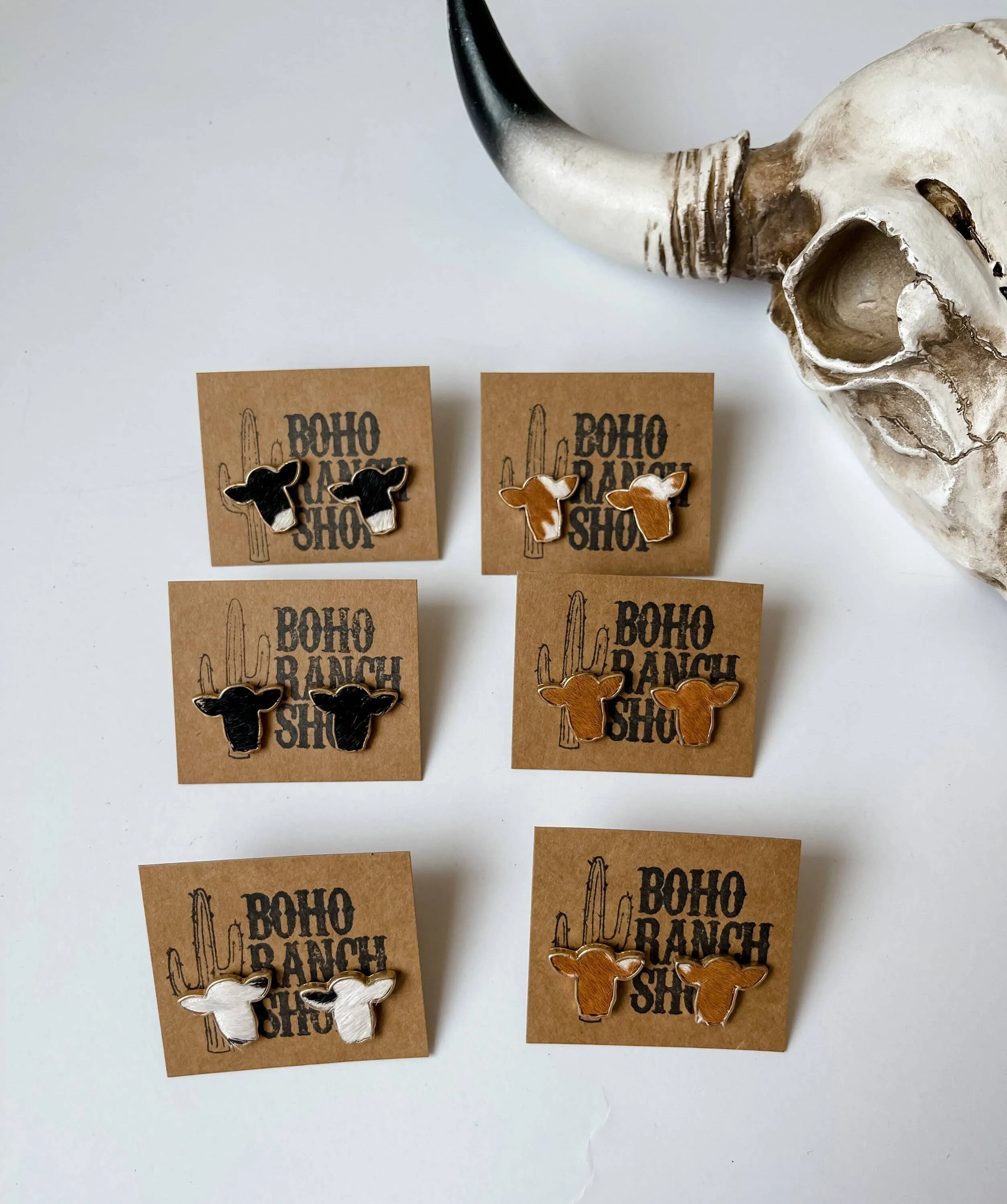 Boho Ranch Shop - Steer Head Cowhead Cowhide Stud Earrings: BLACK   WHITE
