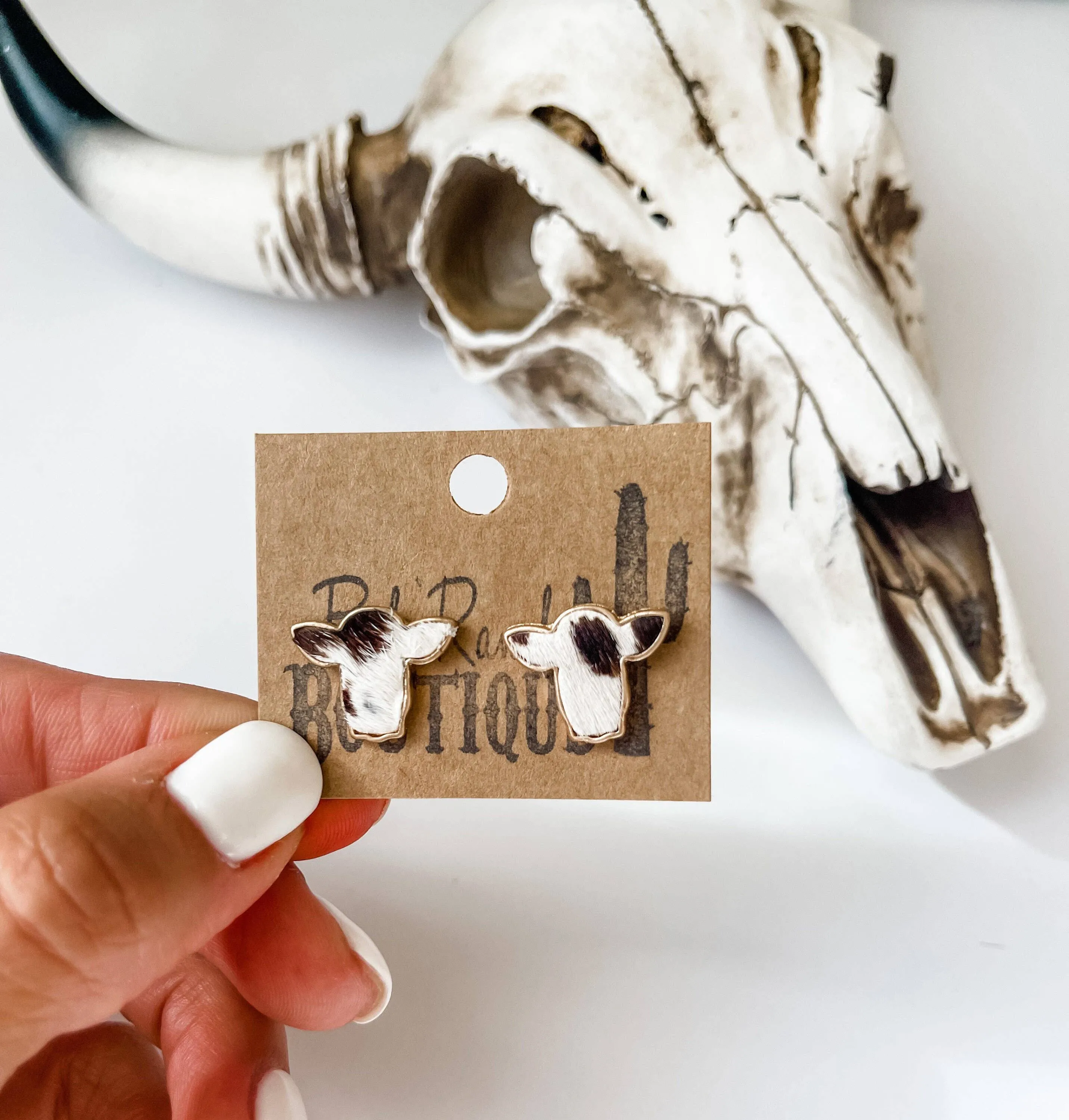 Boho Ranch Shop - Steer Head Cowhead Cowhide Stud Earrings: BLACK   WHITE