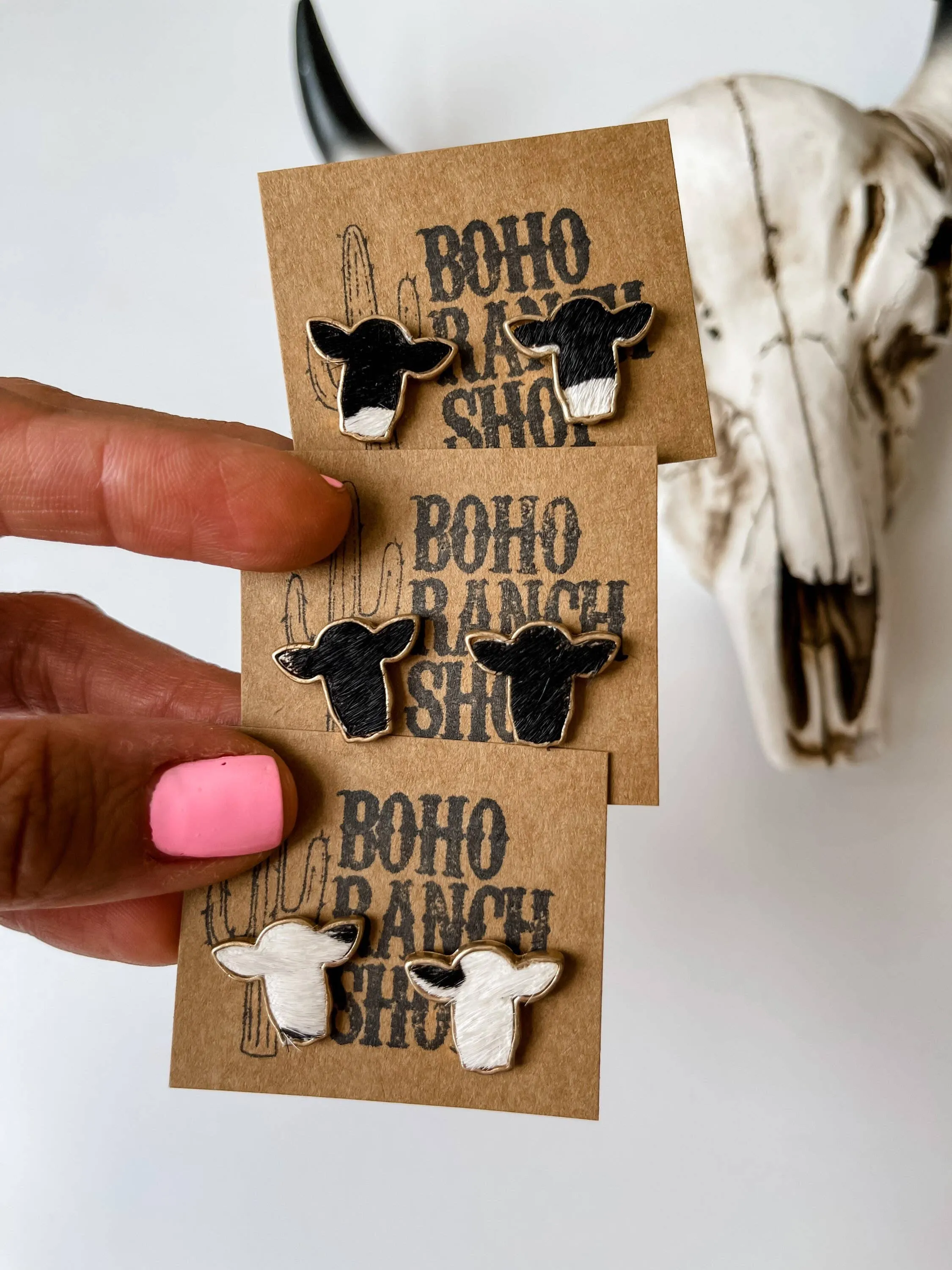 Boho Ranch Shop - Steer Head Cowhead Cowhide Stud Earrings: BLACK   WHITE